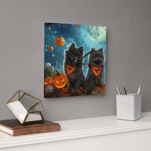 Horloge Carrée Keeshond Halloween Éffrayant
