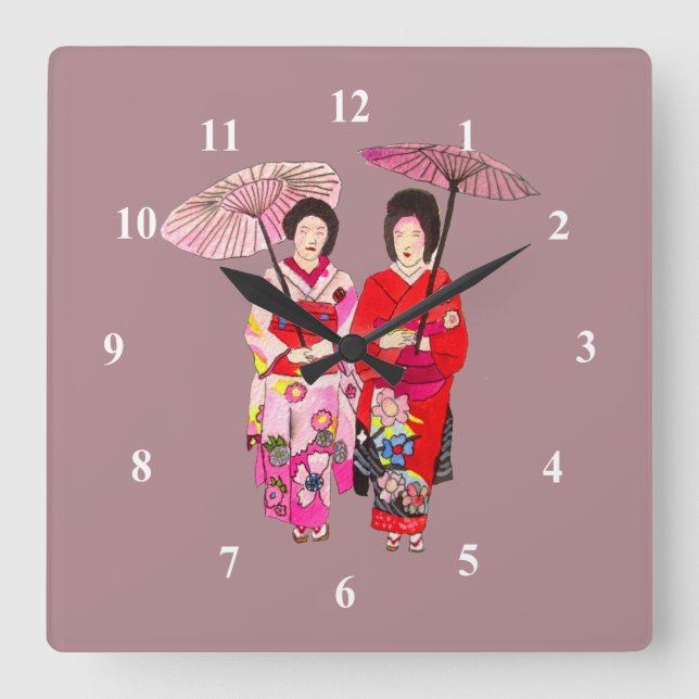 Horloge Carrée Kimono rose japonais (Recto)