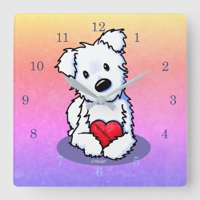 Horloge Carrée KiniArt Westie Coeur réparé (Recto)