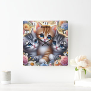 Horloge Carrée Kitten Trio : Cute, Cudley, Cadre Floral