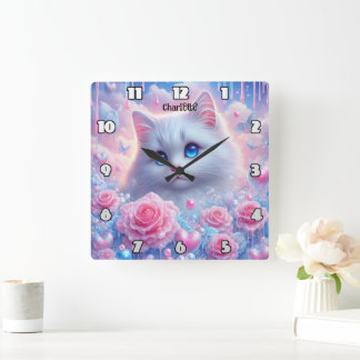 Horloge Carrée Kitty éthéré : Roses, rêves, yeux bleus