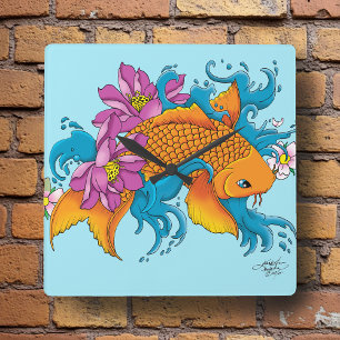 Horloge Carrée Koi et fleurs