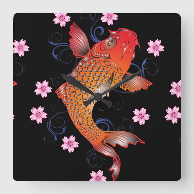 Horloge Carrée KOI noir orange oriental (Recto)