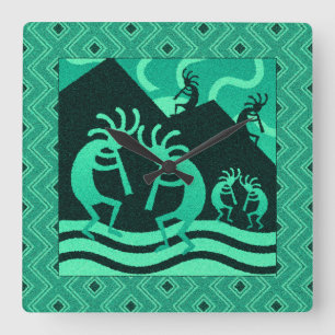 Horloge Carrée Kokopelli Sud-Ouest Turquoise Et Noir