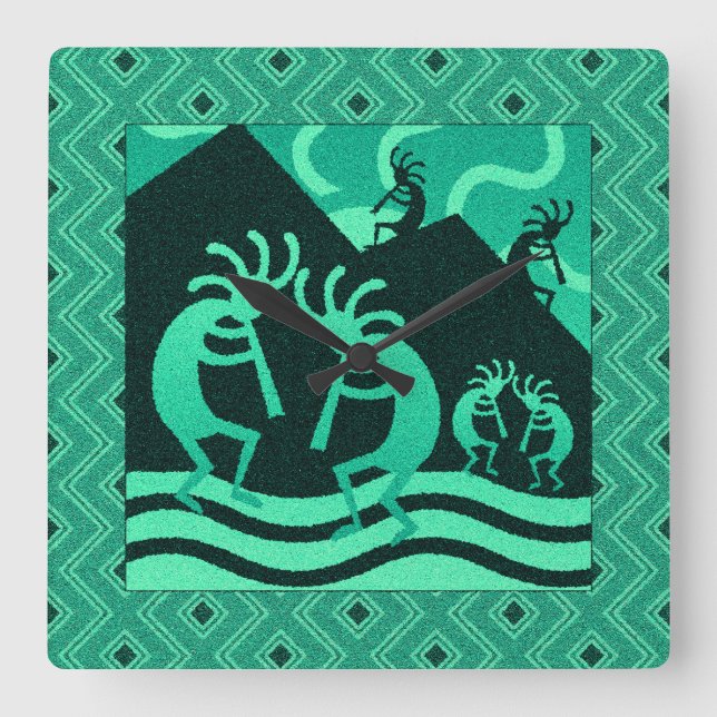 Horloge Carrée Kokopelli Sud-Ouest Turquoise Et Noir (Recto)