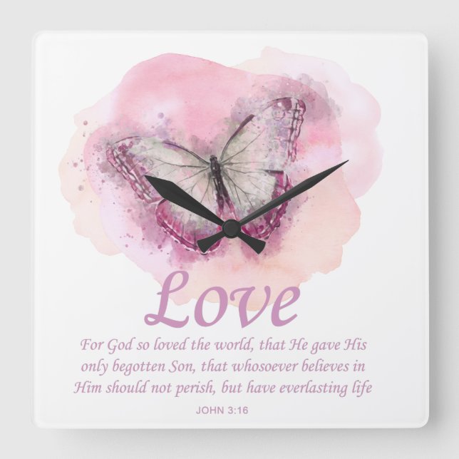 Horloge Carrée La Bible chrétienne des femmes Verse Papillon :Amo (Recto)