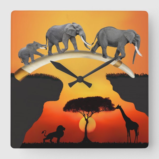 HORLOGE CARRÉE LA FAMILY DES ÉLÉPHANTS AFRICAINS (Recto)
