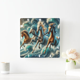 Horloge Carrée La Galloping Horses In The Ocean Art