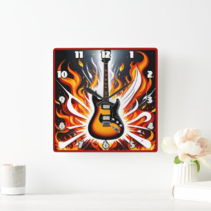 Horloge Carrée La guitare électrique s'enflamme dans un flambeau 