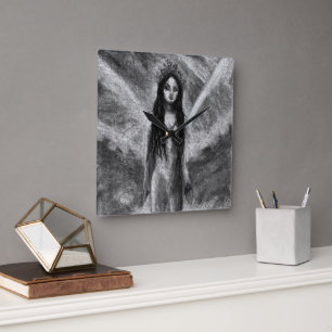 Horloge Carrée La Luna Ange Sombre Fée Femme Gothique Art Fantast