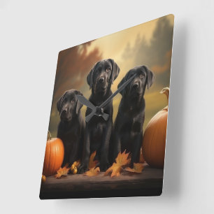 Horloge Carrée Labrador Chiot Automne Citrouille de plaisir