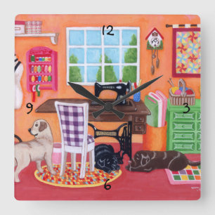 Horloge Carrée Labradors dans la peinture de pièce de couture de