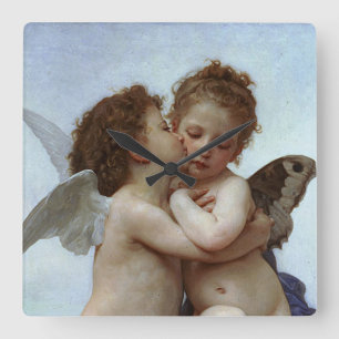 Horloge Carrée L'Amour de Bouguereau et psyché, enfants (cupidon)