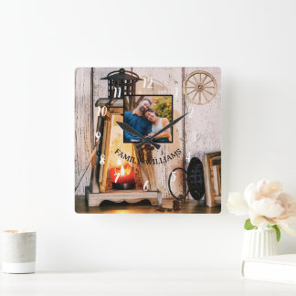 Horloge Carrée Lampe à lanterne rustique personnalisée en bois Vi