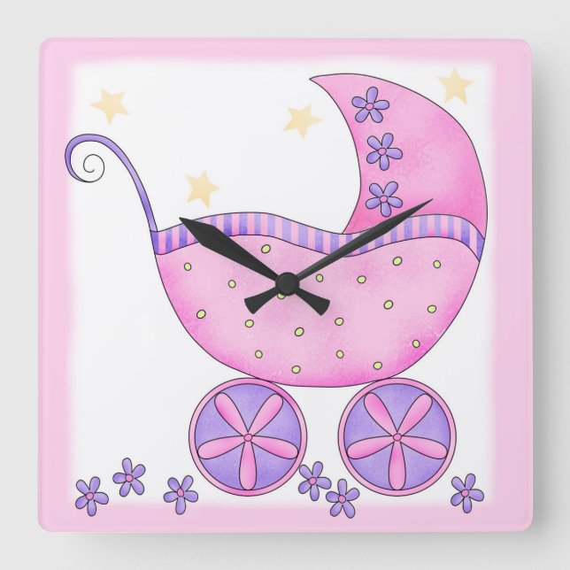 Horloge Carrée Landau pour bébé rose personnalisé (Recto)