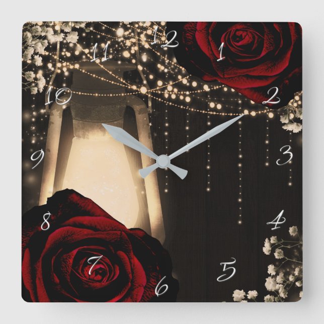 Horloge Carrée Lanterne rustique Lumière & Roses Rouges Foncé Gla (Recto)