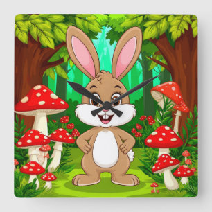 Horloge Carrée Lapin de dessin animé mignon debout dans une forêt