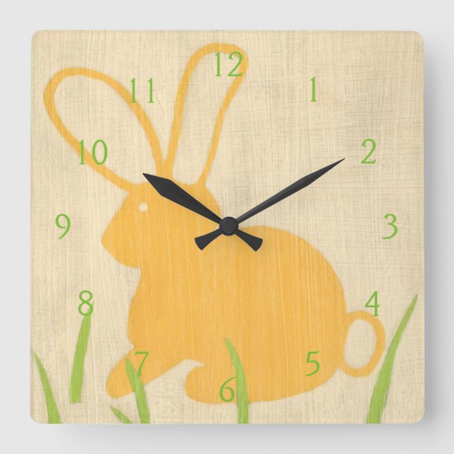 Horloge Carrée Lapin jaune et herbe verte par Chariklia Zarris (Recto)