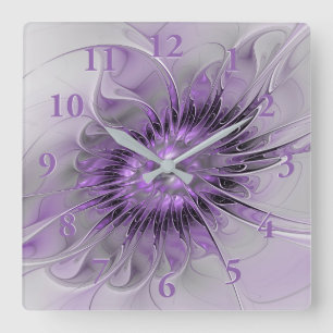 Horloge Carrée Lavande Fleur Dream Moderne Abstrait Fractal Art