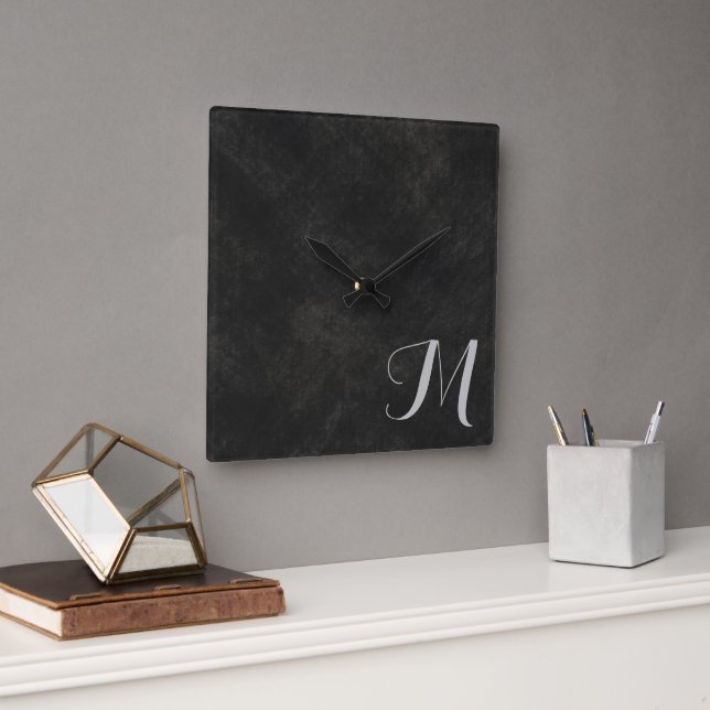 Horloge Carrée Laver de chaux foncé luxueux Monogramme (Bureau)