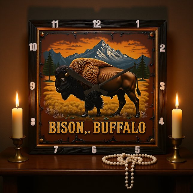 Horloge Carrée Le bison Buffalo dans la nature (Créateur téléchargé)