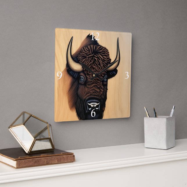 Horloge Carrée Le Bison Majestueux - Un Symbole De Pouvoir Et De  (Bureau)