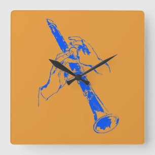 Horloge Carrée Le bleu orange vintage remet la clarinette Benny