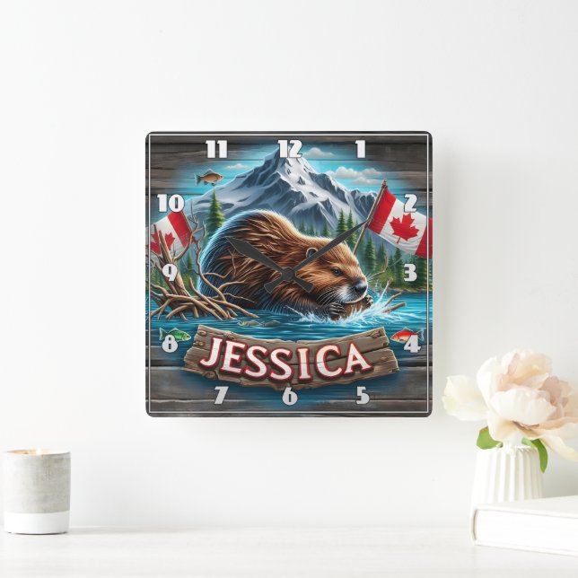 Horloge Carrée Le castor canadien construit une loge dans l'eau (Maison)