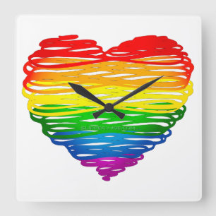 Horloge Carrée Le cœur arc-en-ciel de SlipperyJoe griffonné tourb