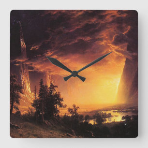 Horloge Carrée Le coucher de soleil d'Albert Bierstadt dans la va