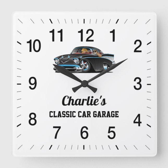 Horloge Carrée Le garage classique de Charlie (Recto)