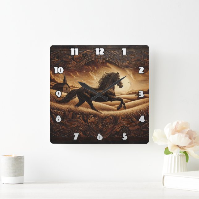 Horloge Carrée Le Majestic Horse Galloping À Travers Golden Field (Maison)