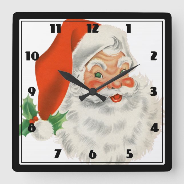 Horloge Carrée Le rétro père noël et houx (Recto)