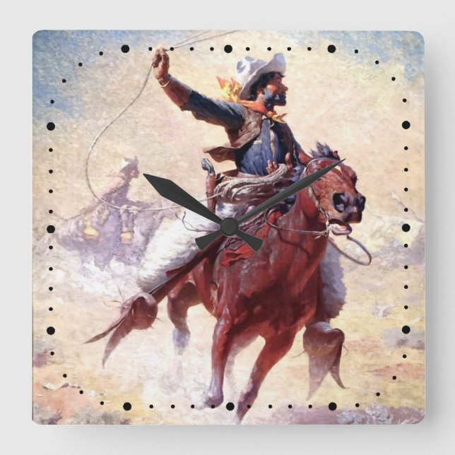 Horloge Carrée Le Roping 1914 Range Cowboy William R Leigh (Recto)