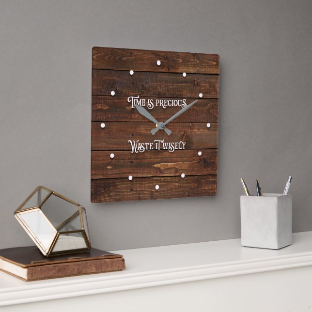 Horloge Carrée Le temps est précieux... sur le bois foncé (Bureau)