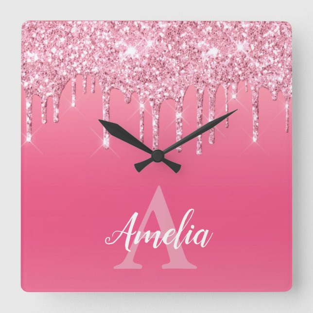 Horloge Carrée Lecteurs De Parties scintillant Rose De Luxe Ajout (Recto)