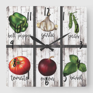 Horloge Carrée Légumes & Herbes Cuisine Rustique Moderne Art Culi