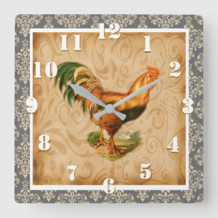 Horloge Carrée L'élégante Damask Ornate du coq rustique