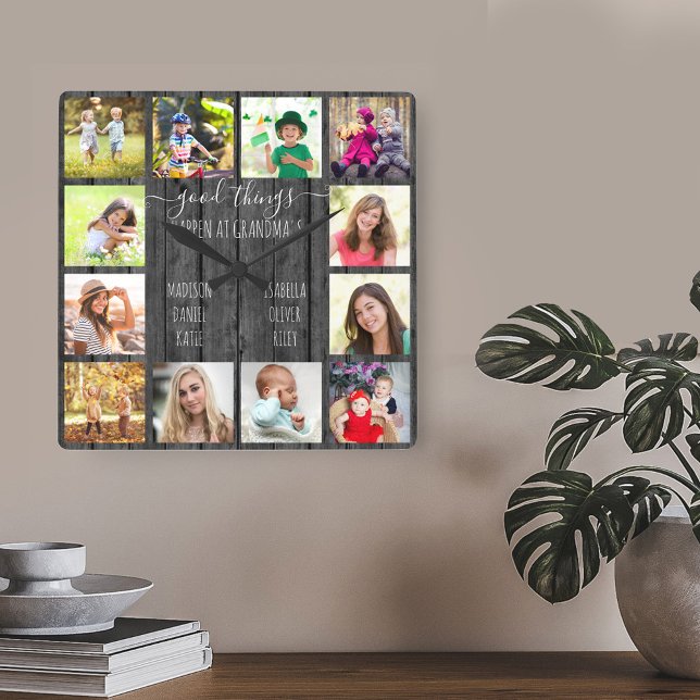 Horloge Carrée Les bonnes choses se passent au 12 Photo Grey Wood (Photo gift for grandma - editable template with 12 pictures)