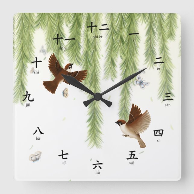 Horloge Carrée Les Chinois de Tree Sparrows et Pinyin Phonetic (Recto)