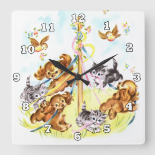 Horloge Carrée Les chiots et les chatons mignons autoguident