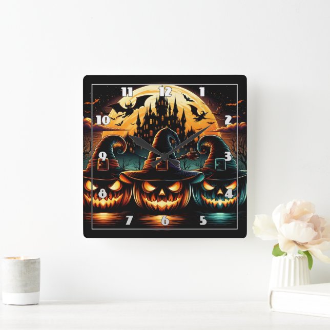 Horloge Carrée Les citrouilles d'Halloween brillent sous la plein (Maison)