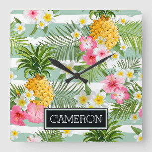 Horloge Carrée Les fleurs et les rayures de Teal d'ananas  