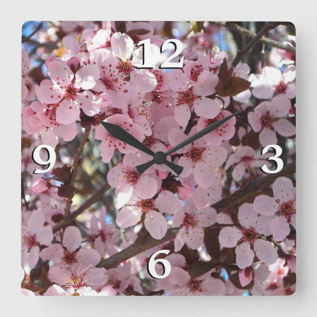 Horloge Carrée Les fleurs roses sur l'arbre à fleurs ornemental (Recto)