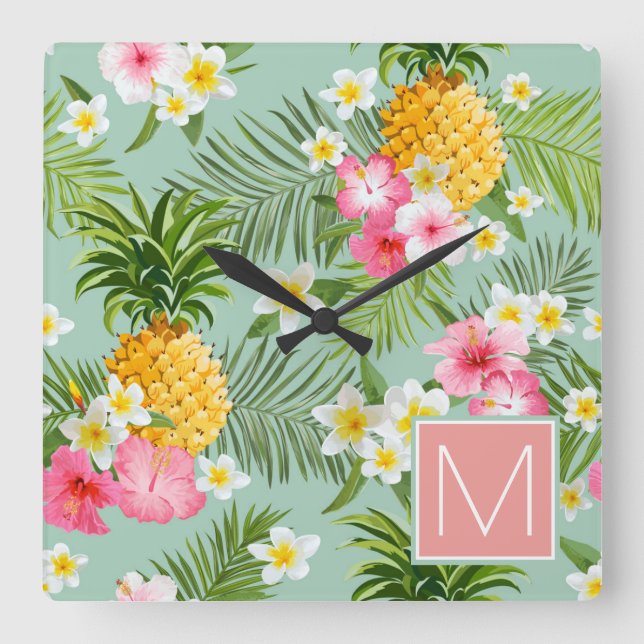 Horloge Carrée Les Fleurs tropicales | Add Your Initial (Recto)