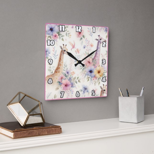 Horloge Carrée Les girafes sillonnent les fleurons africains (Bureau)