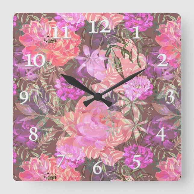 Horloge Carrée Les pivoines roses fleurs roses bouquet de jardin  (Recto)
