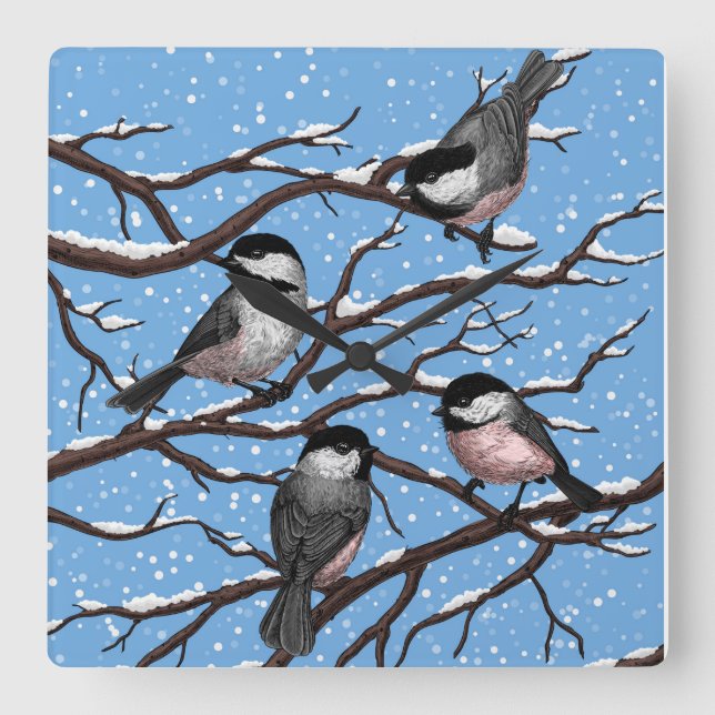 Horloge Carrée Les poulets en hiver (Recto)