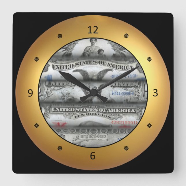 Horloge Carrée Les USA roulés Currency~Silver (Recto)
