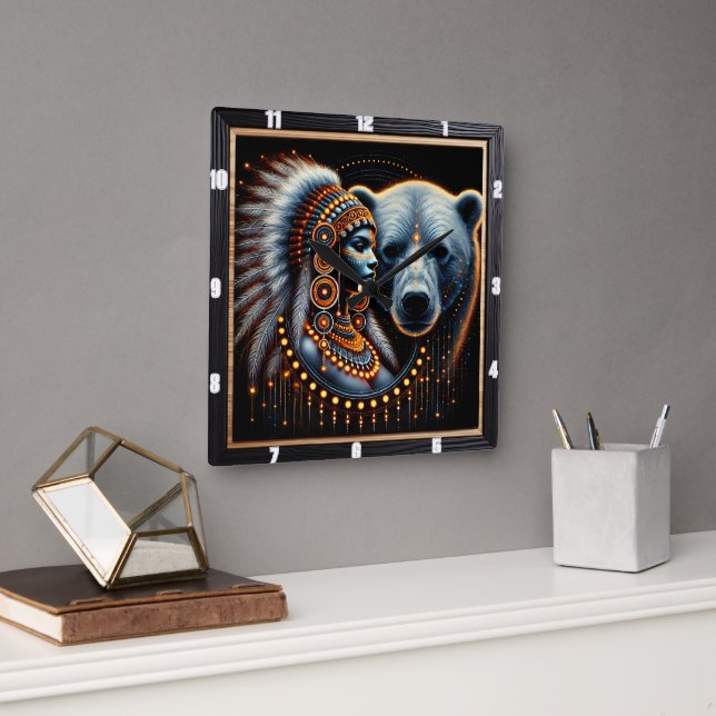 Horloge Carrée L'esprit indien et la nature dans l'art (Bureau)
